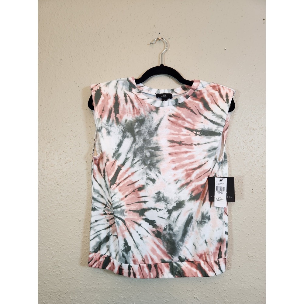 I.N. Womens‎ Small Pink Green Tie Dye Muscle Tee Padded Shoulder Knit Top NEW